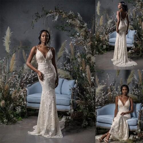Mermaid Wedding Dresses with Wrap 2020 V Neck Lace Appliques Bridal Gowns Backless Sweep Train Wedding Dress Robes De Mariée