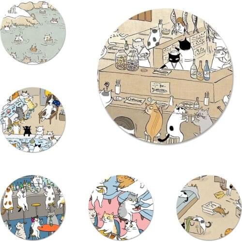 58mm Japanese Cat Drink Pattern Icons Pins Badge Decoration Brooches Metal Badges For Clothes Backpack Decoration