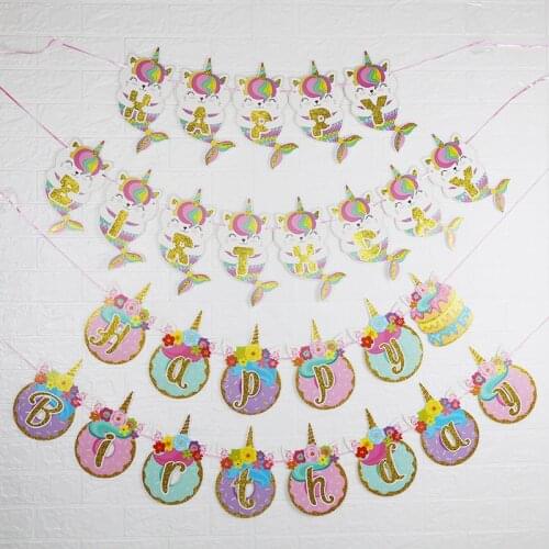 1 Set Kawaii Glitter Unicorn Happy Birthday Banners Unicorn Mermaid Tail Bunting Flag Kids Baby Shower Event Party Decorations