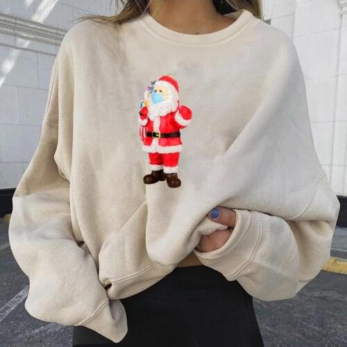40#Christmas Autumn Winter Warm Hoodie Oversized Womens Casual Long Sleeve Santa Claus Printed Ladies Sweatshirts Tops Coat