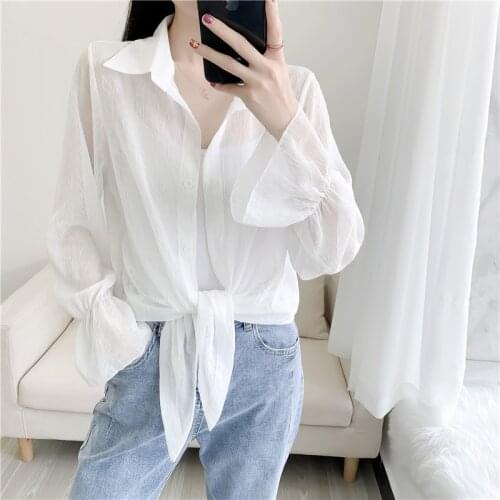 #8258 Black White Plue Purple Sunscreen Shirt Women Long Sleeves Short Chiffon Shirt Slim Thin Transparent Shirt Sexy Summer