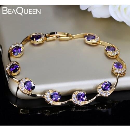BeaQueen Indian Gold Color Tennis Bracelet Oval Purple Cubic Zirconia Crystal Setting Women Fashion Jewelry for Gift B128