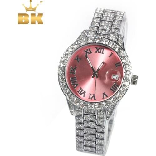 THE BLING KING Womens Watch Baby Pink Dial Iced Out Quartz Clock Luxury Rhinestone Waterproof Wrist Watch Small Size For Women