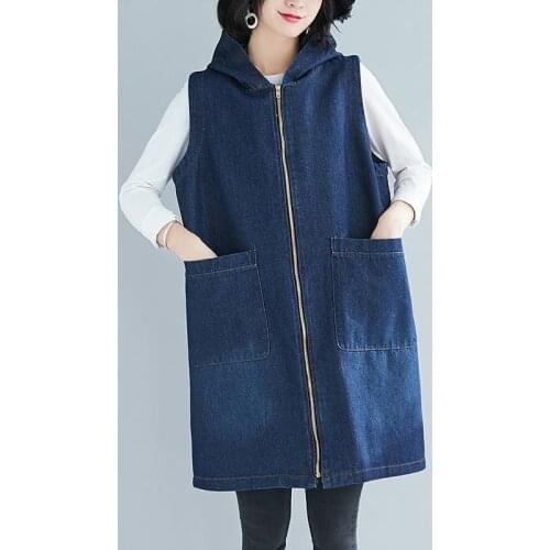 Spring Autumn Loose Sleeveless Coat Plus Size Long Womens Denim Hooded Vest Jacket Casual Zipper Pocket Female Jeans Outwear
