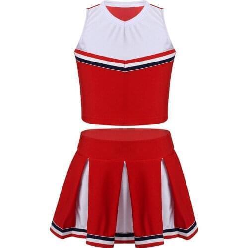 Kid Girls Cheerleader Costume Dance Outfit Sleeveless Crop Top with Pleated Skirt Set for School Stage Performance Cosplay Party