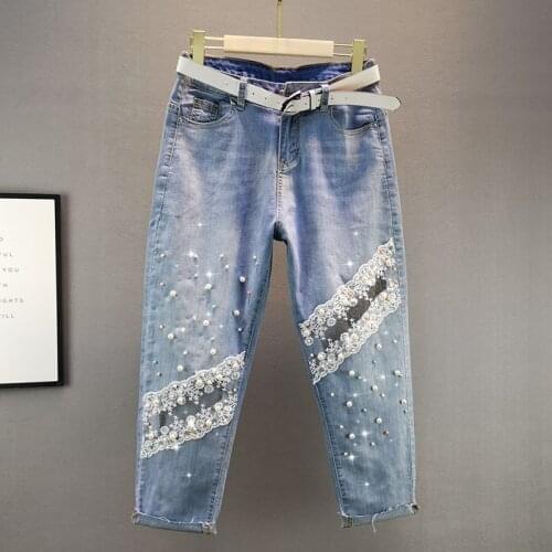 2021 Summer Womens Elasticity Beading Hole Jeans High Waist Denim Cross Pants Fashion Lace Patchwork Loose Ankle-Length Trousers