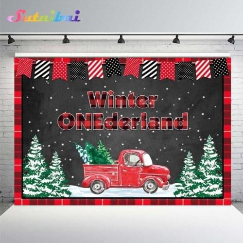 Winter Onederland Birthday Party Photography Backdrop for Baby Shower Red Black Lattice Car Trees Snow Christmas Background