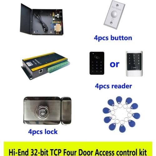 Hi-end 32-bit access control kit,TCP/IP four door+power+intelligent lock+ID touch keypad reader+exit button+10 ID tag,kit-AT409