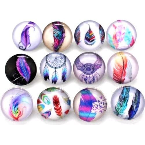 Hot selling 10pcs/lot colours feather Snap Buttons Charms 18mm Glass Buttons Fit DIY Snap Bracelets&Bangle Jewelry