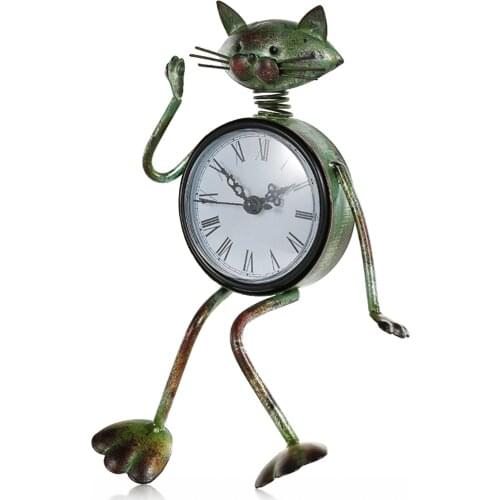 Art Desk Clock Handmade Vintage Cat Figurine Clock Craft Decorative Table Animal Ornament for Home Office 15*9*22cm WWO6