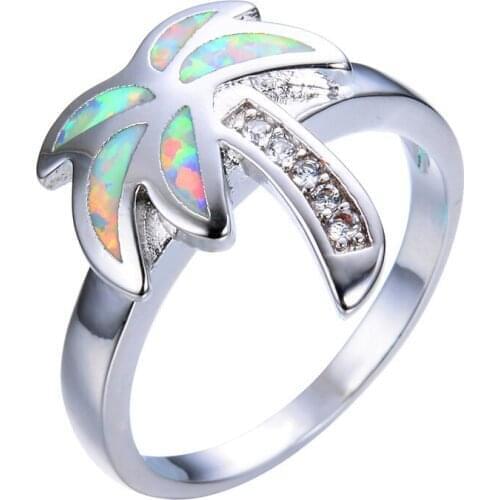 Boho Female White Opal Stone Ring Dainty Zircon Thin Wedding Rings For Women Charm Bridal Coconut Tree Engagement Ring