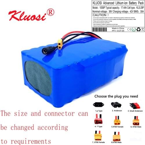 KLUOSI 10S6P 36V 17.4Ah 18A 36V Battery 1000W with 30A BMS 37V Lithium Battery Pack for Ebike Electric Car Bicycle Motor Scooter