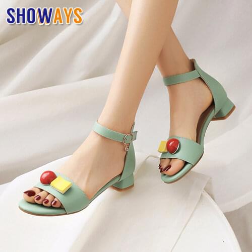 Sweet Women Ankle Strap Sandals Pink White Green Microfiber Low Square Heels Summer Office Party Lady Crystal Bead Lolita Shoes