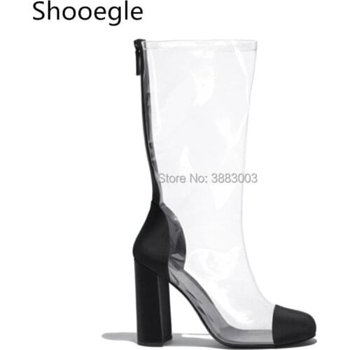 Fahion Back Zip Round Toe PVC Clear Mid Calf Boots High Heel Transparent Women Summer Rain Boots Black White Big Size EU 43