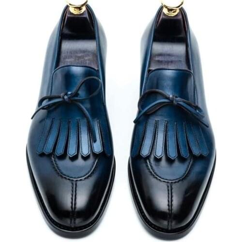 Mens Handmade PU Blue Classic Tassel Bow High-quality Dress Loafers Retro Trendy Fashion Comfortable All-match Casual ZQ0076