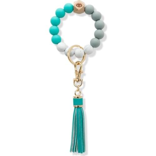 Natural Wood Eye Charm Bracelet keychain Wristlet Leather Tassel Food Grade Silicone Bead Key Ring Bracelet for Women R7RF