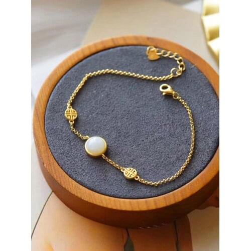 Original Design Natural Hetian Jade White Jade Bracelet S925 Silver Plating Thick Gold Inlaid Egg Noodle Bracelet Bracelet Ladie