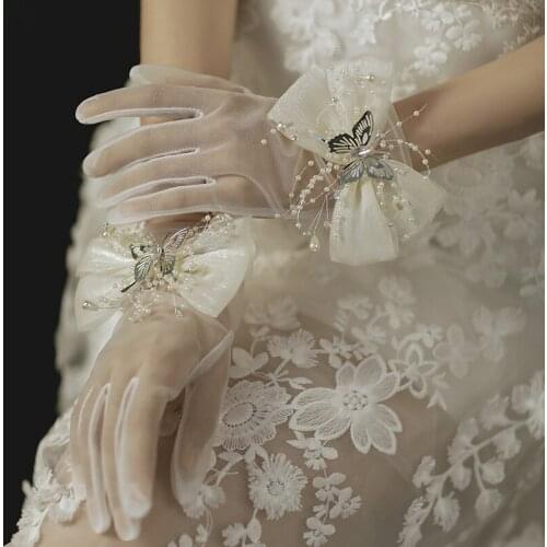 Womens elegant butterfly beaded white mesh glove female spring summer vintage sunscreen driving glove R3374