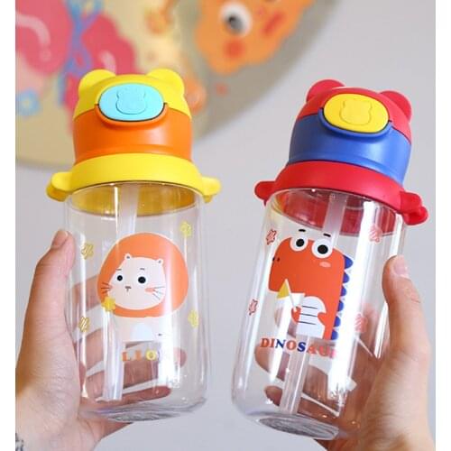 Portable Kids Cute Water Bottle Clear Bottle Straw Cup Straws Reusable with Lid Cartoon Plastic Cup Bounce Cover Water Cup NEW