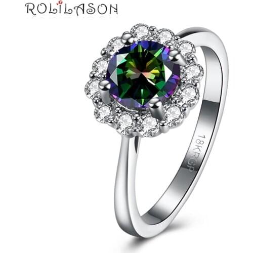 ROLILASON Party Trendy silver color Rainbow Cubic Zirconia Crystal Jewelry For lady silver color Rings Size #6#7#8 JR2148