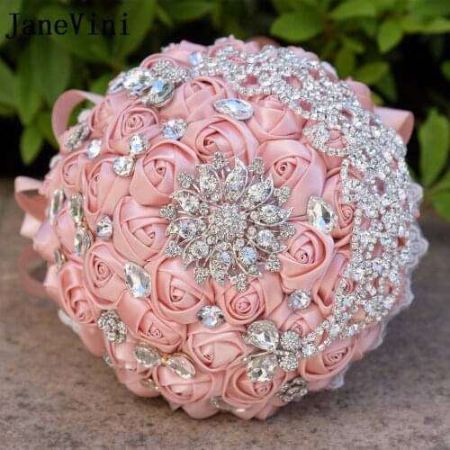 JaneVini 2018 Luxury Wedding Diamond Rose Bouquet Crystal Rhinestone Satin Flowers Bridal Bouquets Lace Handle Ramos Novia