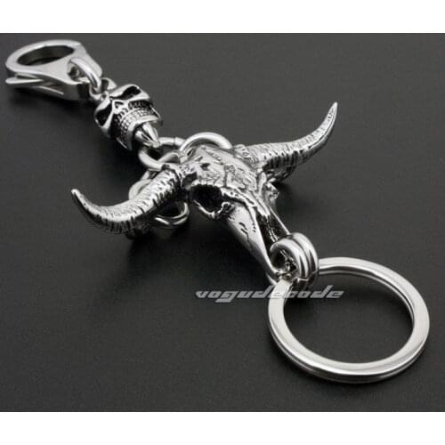 Rocker Fashion Minotaur Key Clasp Solid 316L Stainless Steel Cool Mens Biker Unique Skull Keychain Keyring 4R020KC
