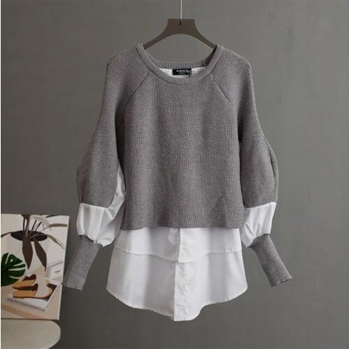 Oversize Korean Knitted Womens Sweater 2021 Spring Patchwork Ruffle Lantern Sleeve Female Pullover Plus Size 4XL Warm Sweaters