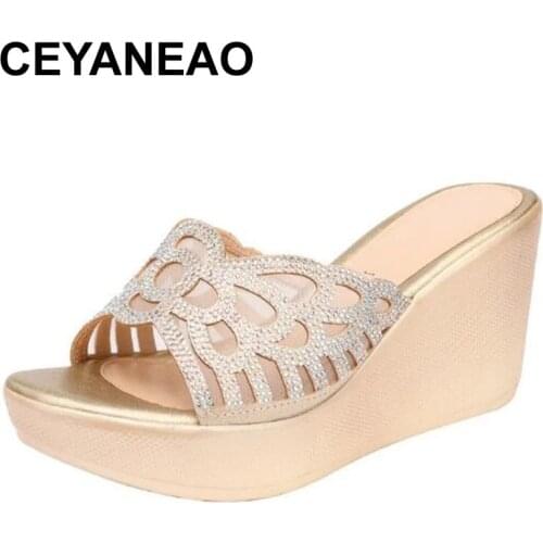 CEYANEAO 2021 Summer Fish Mouth Microfiber Rhinestones Slippers for Women Shoes Wedges Slippers Sandals Large Size High Heels