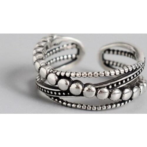 VENTFILLE 925 Sterling Silver Geometric Multi-Layer Twist Cross Round Bead Ring Female Fashion Retro Temperament Simple Party