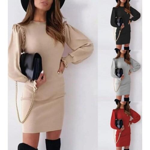 Office Lady Dress Solid Color Ruffles Sleeve Autumn Winter Slim Round Neck Bodycon Dress Wedding 2021 Street Style Belt Dress