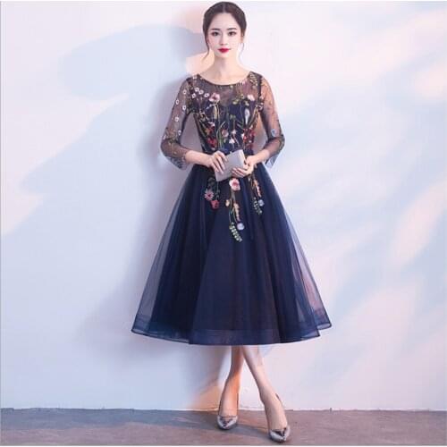 Adress 2021 Elegant Tulle Dress Women Evening Dress Midi Dress Navy Champagne Light Blue Embroidered Multilayer Mesh Large