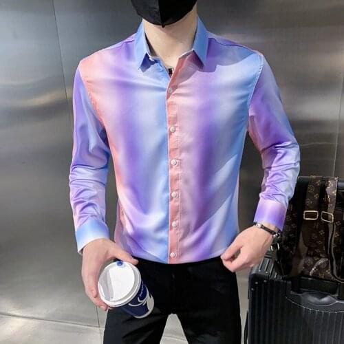 British Style 2021 Autumn Rainbow Gradient Slim Shirt Nightclub Bar Outfit Camisa Social Masculina Streetwear Mens Casual Shirts
