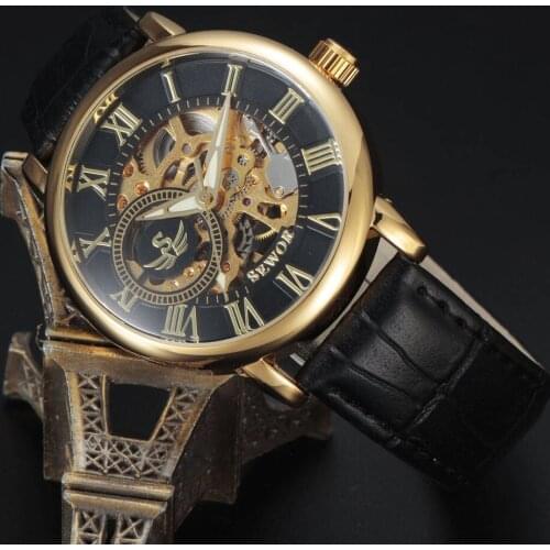 New SEWOR Men Watches Leather Strap Mechanical Hand Wind Skeleton Wrist Watches Fashion Casual Men Dress Watch relogio masculino