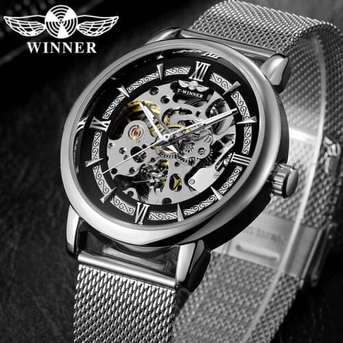 WINNER Automatic Mechanical Men Wristwatch Military Sport Male Clock Top Brand Luxury Steel Skeleton Waterproof Man Watch 034