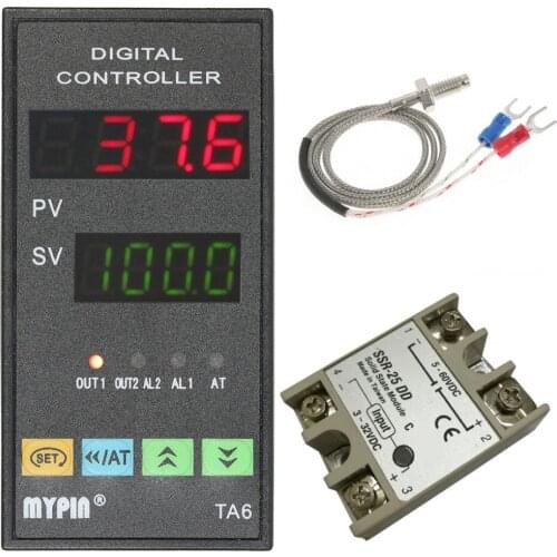 Digital TA6-SNR PID Temperature Controller with Relay DIN 1/8 SSR-25DA K type Thermocouple Dual Display for F/C 7 Output
