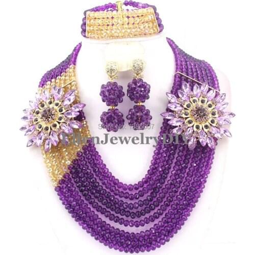 Purple African Nigerian Wedding Crystal Beads jewelry set Wedding bridal Bracelet Earrings necklace Jewelry set W7523