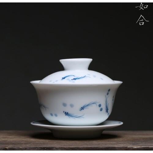 The glaze color white hand tureen three high temperature ceramic bowl of three-piece base basket color kung fu tea set