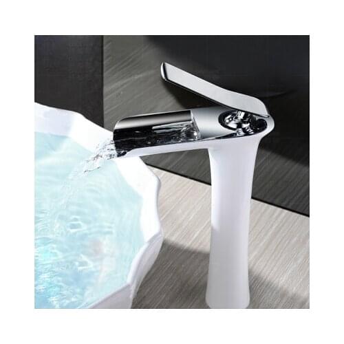 Free shipping Chrome & white Tall Waterfall Faucet Bathroom Faucet Bathroom Basin Mixer Tap with Hot and Cold Water Tap