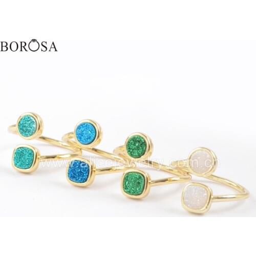BOROSA Drusy Rings 5PCS Gold Plated Square and Round Shape Double Stone Rings Natural Agates Titanium Rainbow Druzy Ring ZG0381