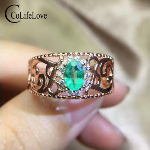 CoLife Jewelry 925 Silver Vintage Emerald Ring for Daily Wear Natural Emerald Silver Ring Rose Gold Color Silver Emerald Ring