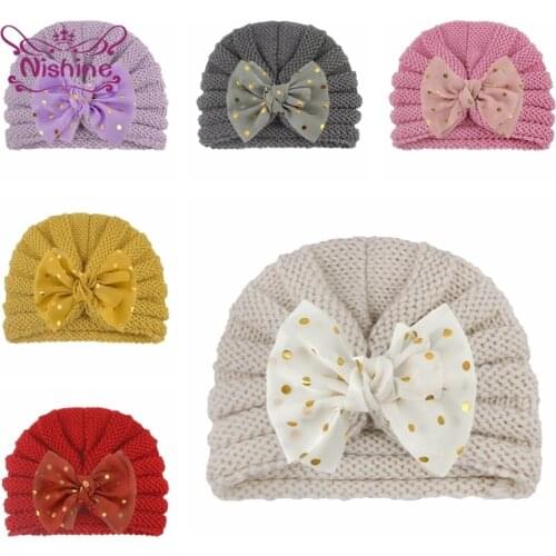 Nishine Fashion Golden Dots Bowknot Toddler Hats Solid Color Striped Knitting Wool Caps Baby Headwear Birthday Gifts Photo Props