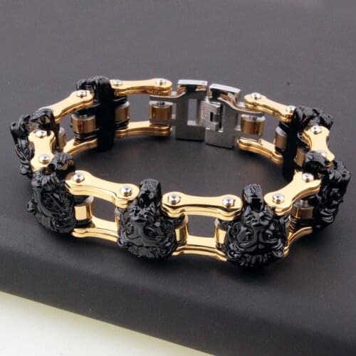 Punk Rock Titanium Stainless Steel Bike Bracelets Motorcycle Chain Black Gold Lion Biker Jewelry Mens Bracelet 22mm 8.66'' Heavy