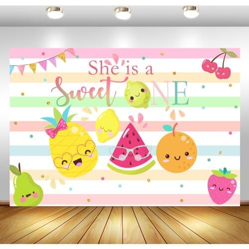 She is a Sweet One Backdrop Summer Fruit Birthday Party Background For Photography Watermelon Pineapple Stripes Decor Banner