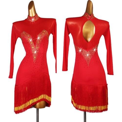 Latin Dance Dress Salsa Clothes Ladies Bottom Fringe Dance Skirt Women Party Crystal Dress Cha Cha Competition Red Dress 1491