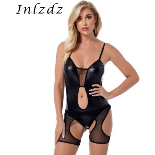 Sexy Womens Lingerie Patent Leather Mesh Bodysuit See-through Lingerie Hot Erotic Teddies Costume Cutout Shorts Catsuit Clubwear