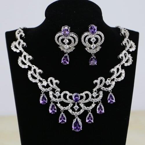 Water Drop Purple Cubic Zirconia White CZ 925 Silver Bridal Jewelry Set For Women Wedding Earrings Necklace/Earrings 2PCS