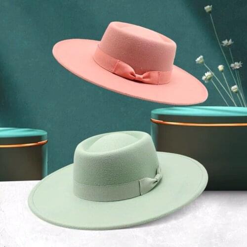 New Winter Vintage Wide Brim Simple Church Derby Top Hat Panama Jazz Cap Solid Felt Fedoras Hat Bow Artificial Wool Blend Bone