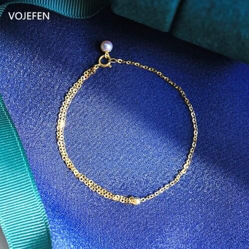 VOJEFEN Solid 18K Yellow Gold Dainty Delicate White Pearl Drop Bracelets for Women Girls Gifts for Valentine‘s Day