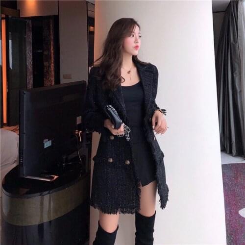 High-end versatile fashion retro bright silk tweed womens autumn and winter lapel Slim thin Hepburn wind long woolen suit coat