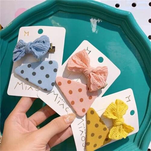 2Pcs/Set Lattice Bow Hairpin Cloth Art Dot BB Clip Small Fresh Lovely Lace Girls Headdress Hairpin Spring And Summer New